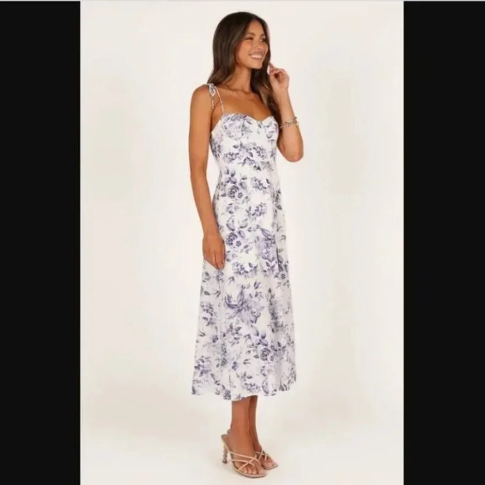 Petal & Pup Azelia White Blue Floral Tie Shoulder Midi Dress 8 - Picture 2 of 10